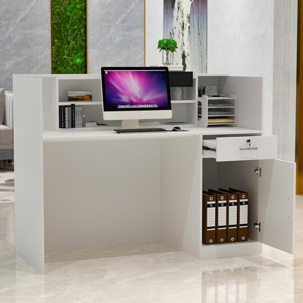 Modern reception counter office desk with ample workspace and integrated storage.