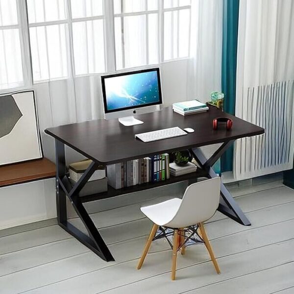 Modern engineered wood computer desk with sleek design and built-in storage.