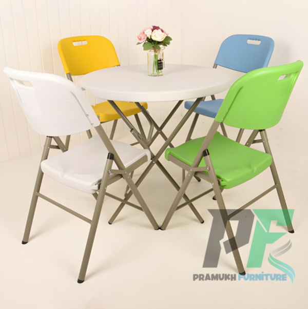 Foldable Plastic Stackable Chair displayed in a modern setting, showcasing its sleek design and space-saving features.