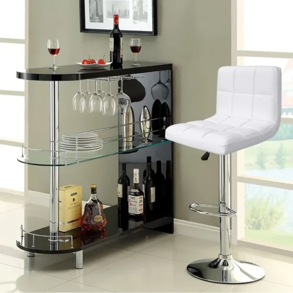 White Leather Adjustable Barstool with a sleek chrome base, showcasing its elegant design in a contemporary kitchen setting.