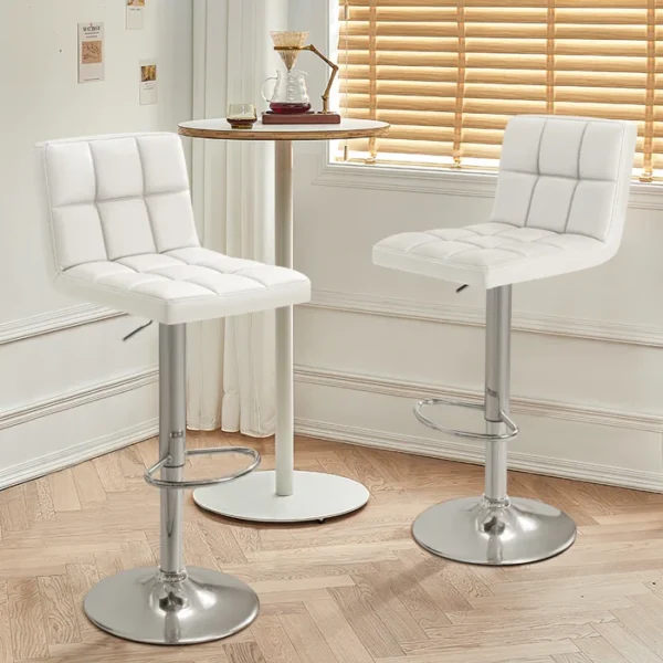 White Leather Adjustable Barstool with a sleek chrome base, showcasing its elegant design in a contemporary kitchen setting.