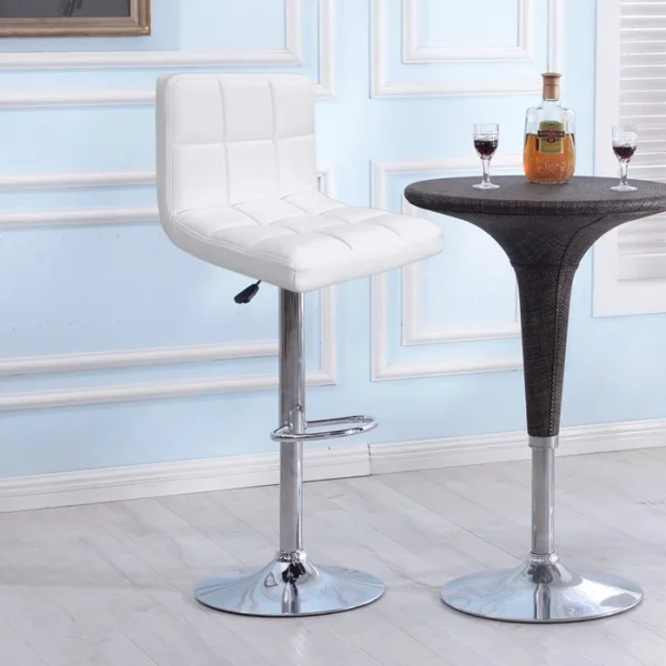 White Leather Adjustable Barstool with a sleek chrome base, showcasing its elegant design in a contemporary kitchen setting.