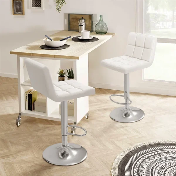 White Leather Adjustable Barstool with a sleek chrome base, showcasing its elegant design in a contemporary kitchen setting.