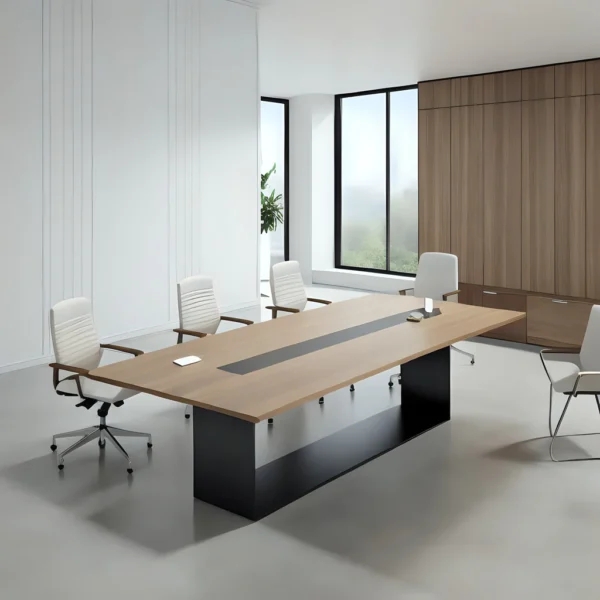 Modern Meeting Conference Table in a stylish boardroom, set up for a collaborative meeting with chairs around it.