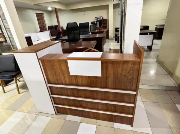 1800mm Wooden Reception Office Desk with natural finish and integrated storage, designed for elegance and functionality in a reception area.