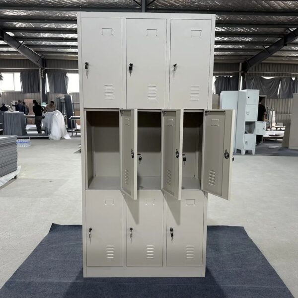 "A 9-locker steel office cabinet with a durable metal frame, featuring three vertical columns of lockable compartments in a sleek gray finish, suitable for secure storage in professional environments."