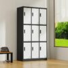 A sleek, vertical 9-door office locker cabinet made from durable, powder-coated steel. Each door has a ventilation slot and a secure lock. The compact design is ideal for personal storage in workplaces, providing ample space for staff to store bags, laptops, and documents, while saving floor space. The cabinet's neutral finish blends seamlessly with modern office interiors