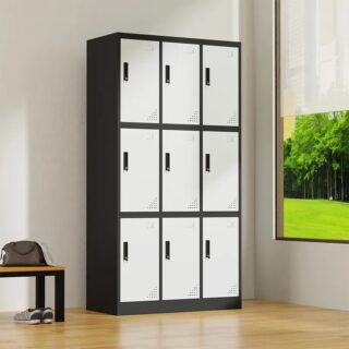 A sleek, vertical 9-door office locker cabinet made from durable, powder-coated steel. Each door has a ventilation slot and a secure lock. The compact design is ideal for personal storage in workplaces, providing ample space for staff to store bags, laptops, and documents, while saving floor space. The cabinet's neutral finish blends seamlessly with modern office interiors