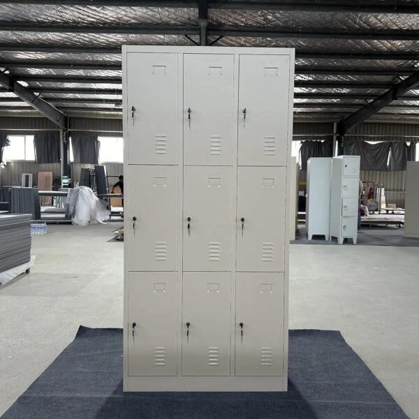 "A 9-locker steel office cabinet with a durable metal frame, featuring three vertical columns of lockable compartments in a sleek gray finish, suitable for secure storage in professional environments."