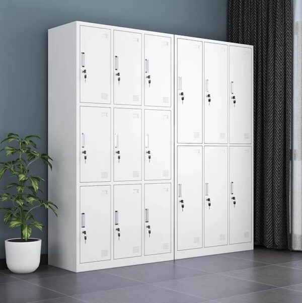 "A 9-locker steel office cabinet with a durable metal frame, featuring three vertical columns of lockable compartments in a sleek gray finish, suitable for secure storage in professional environments."