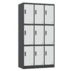 A sleek, vertical 9-door office locker cabinet made from durable, powder-coated steel. Each door has a ventilation slot and a secure lock.