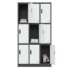A sleek, vertical 9-door office locker cabinet made from durable, powder-coated steel. Each door has a ventilation slot and a secure lock.