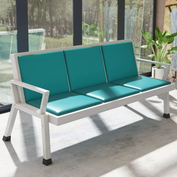 A 3-link padded waiting bench with three fully cushioned seats, upholstered in durable fabric, and supported by a sturdy metal frame. Ideal for reception areas, lobbies, and waiting rooms.