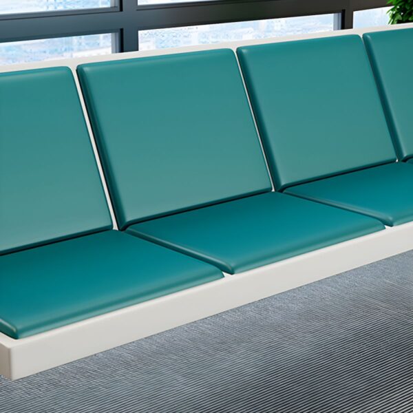 A 3-link padded waiting bench with three fully cushioned seats, upholstered in durable fabric, and supported by a sturdy metal frame. Ideal for reception areas, lobbies, and waiting rooms.