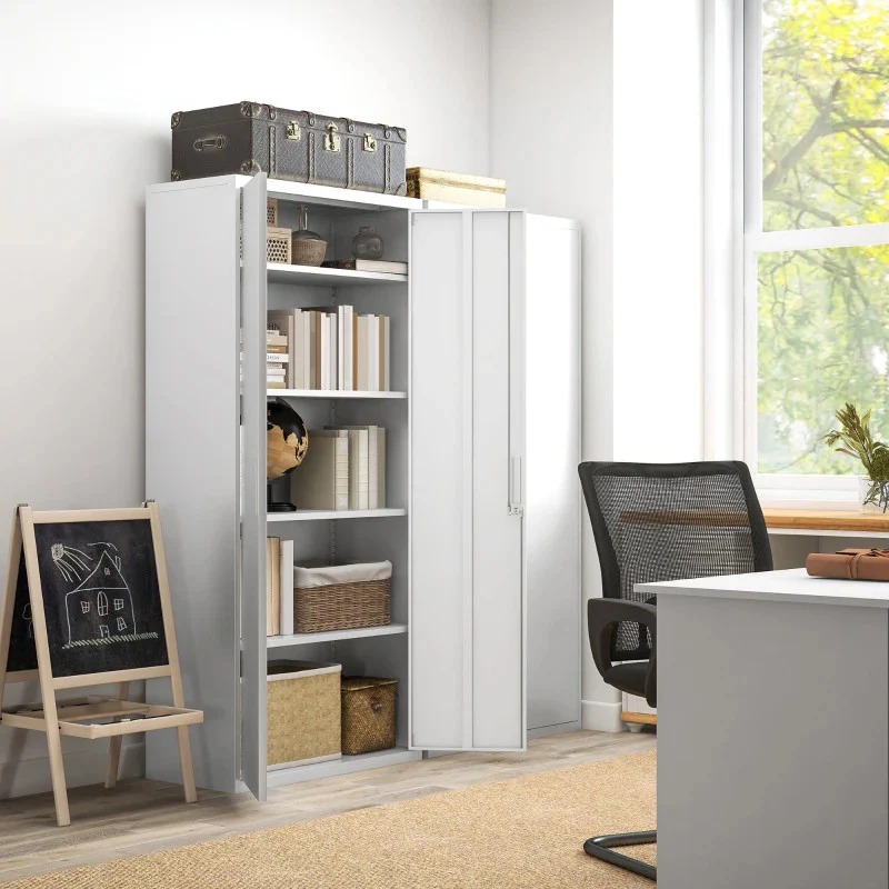 2-Door Metallic Office Storage Cabinet with adjustable shelves and a locking mechanism.