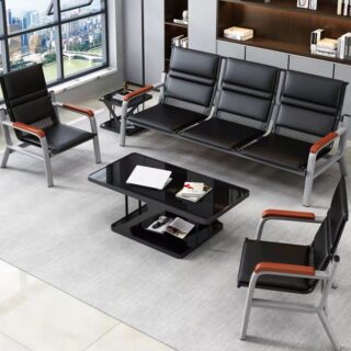 Black reception office sofa with arms, offering comfortable seating and modern design.