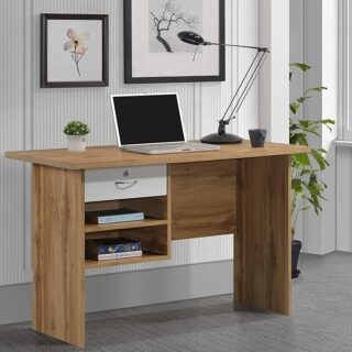 Wooden computer desk with storage featuring spacious tabletop and stylish drawers.