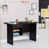 Wooden computer desk with storage featuring spacious tabletop and stylish drawers.