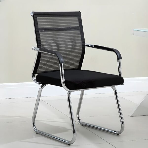 "Executive Mesh Visitor's Chair with breathable mesh backrest and sturdy chrome steel frame."