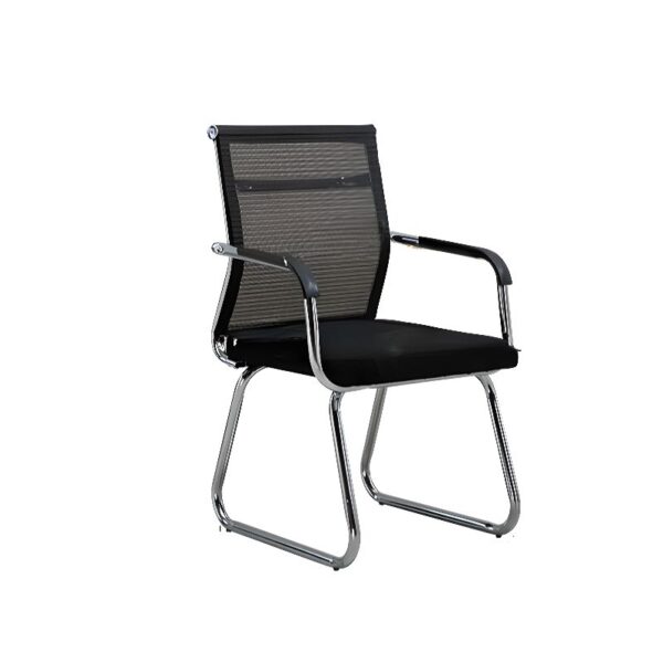 "Executive Mesh Visitor's Chair with breathable mesh backrest and sturdy chrome steel frame."