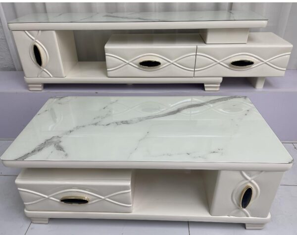 Classy Modern Marble TV Stand showcasing its elegant design and spacious surface in a contemporary living room setting.