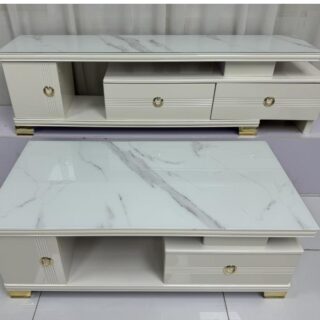 Classy Modern Marble TV Stand showcasing its elegant design and spacious surface in a contemporary living room setting.