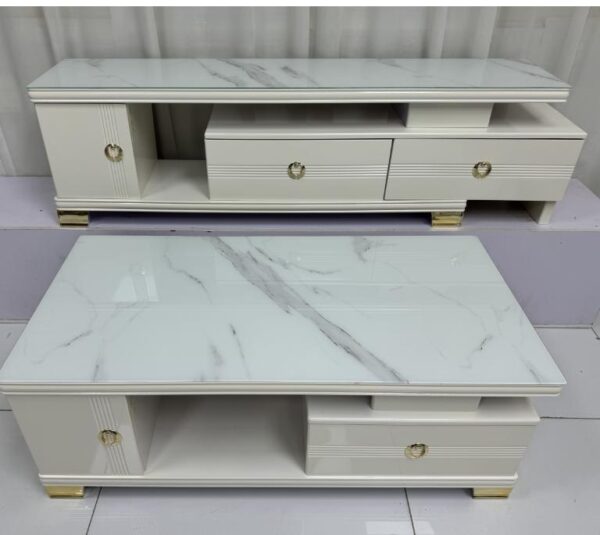 Classy Modern Marble TV Stand showcasing its elegant design and spacious surface in a contemporary living room setting.