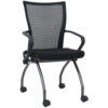 A foldable conference room chair featuring a padded seat and backrest, lightweight metal frame, and a compact design for easy storage. Ideal for flexible meeting spaces.
