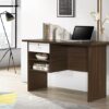 Wooden computer desk with storage featuring spacious tabletop and stylish drawers.