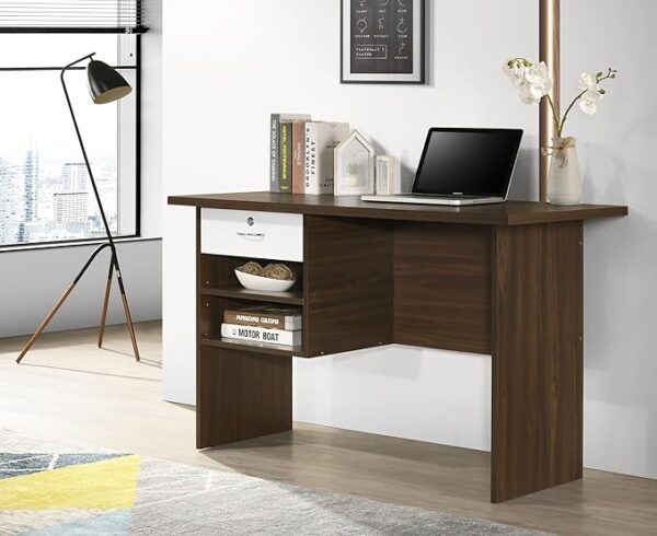 Wooden computer desk with storage featuring spacious tabletop and stylish drawers.