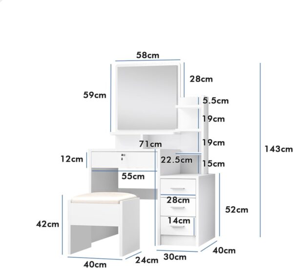 "White dressing table with a matching stool, featuring sleek lines and a modern design, set against a light-colored wall."