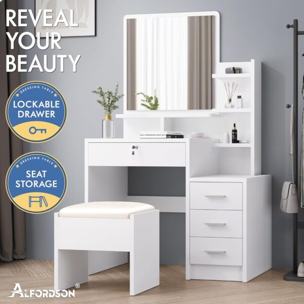 "White dressing table with a matching stool, featuring sleek lines and a modern design, set against a light-colored wall."