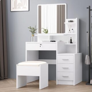 "White dressing table with a matching stool, featuring sleek lines and a modern design, set against a light-colored wall."