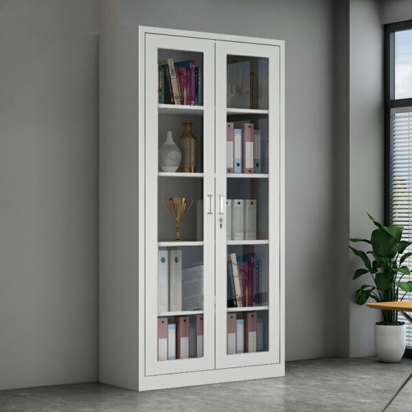 Modern Grey Steel Office Filing Cabinet displayed in a contemporary office setting, showcasing its sleek design and spacious drawers.