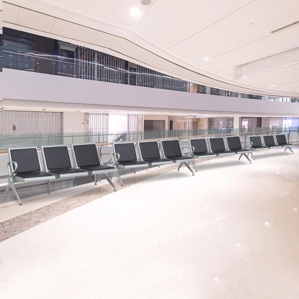 3-Seater Airport Padded Waiting Bench in a modern airport terminal, featuring plush padding and sleek design.