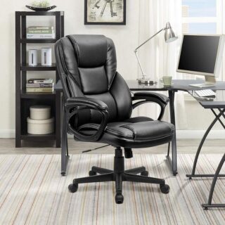 Black Leather Executive Office Seat with polished chrome base, designed for comfort and style in a modern office environment.