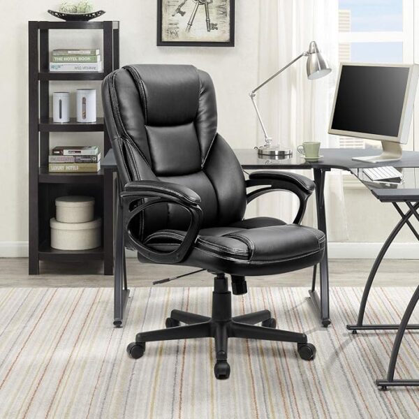 Black Leather Executive Office Seat with polished chrome base, designed for comfort and style in a modern office environment.