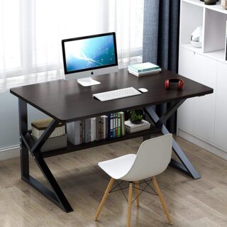 Modern engineered wood computer desk with sleek design and built-in storage.