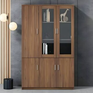 Modern Wood Office Storage Cabinet with adjustable shelves and drawers in a contemporary office setting.