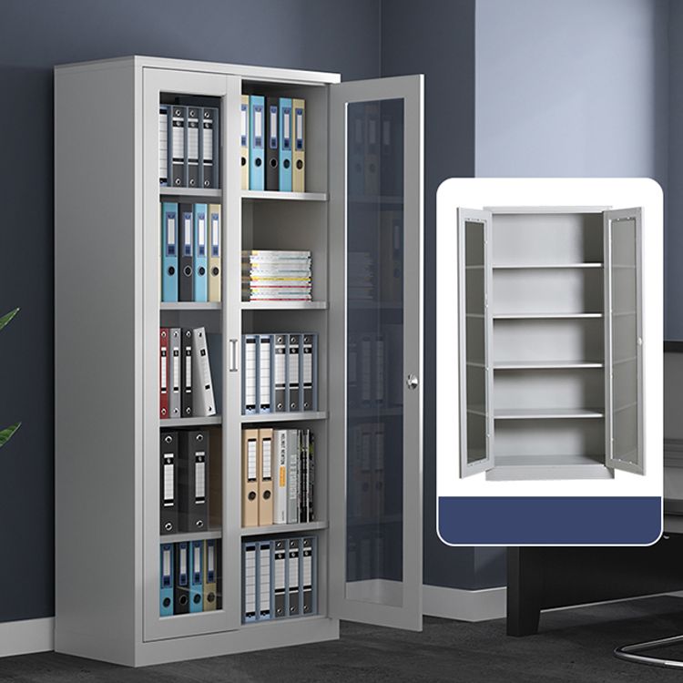 Contemporary White Frame Standing Cabinet with glass doors and adjustable shelves in a modern interior setting.