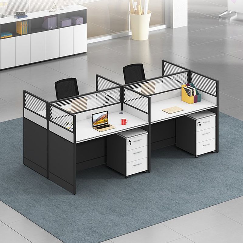 4-way modular workstation with flexible layout and integrated power outlets, designed for collaborative and individual workspaces