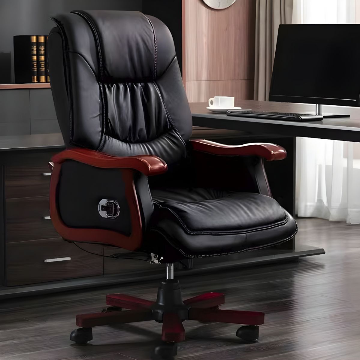 "CEO office chair with reclining function and smooth-rolling casters for easy movement."