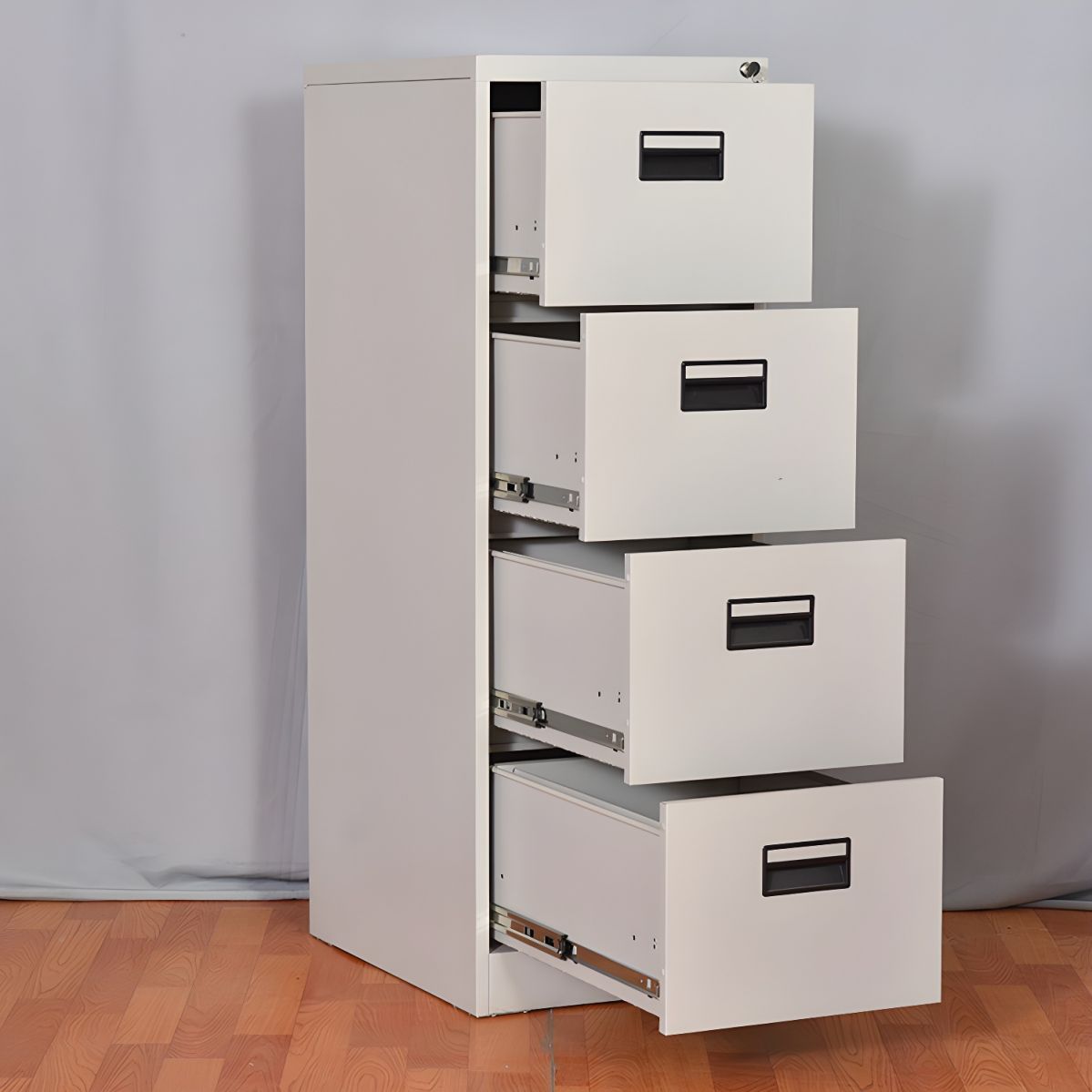 "4-Drawer metallic steel cabinet with lockable drawers, designed for secure and organized document storage."