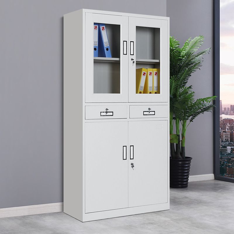 "Gray steel office storage cabinet with lockable doors and adjustable shelves, ideal for organizing documents and office supplies."