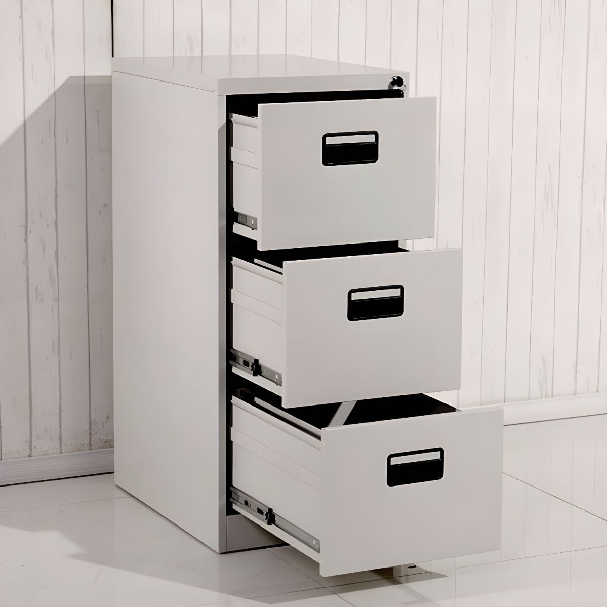 "3-Drawer Office Filing Cabinet in sleek design, offering secure storage for documents and office supplies."