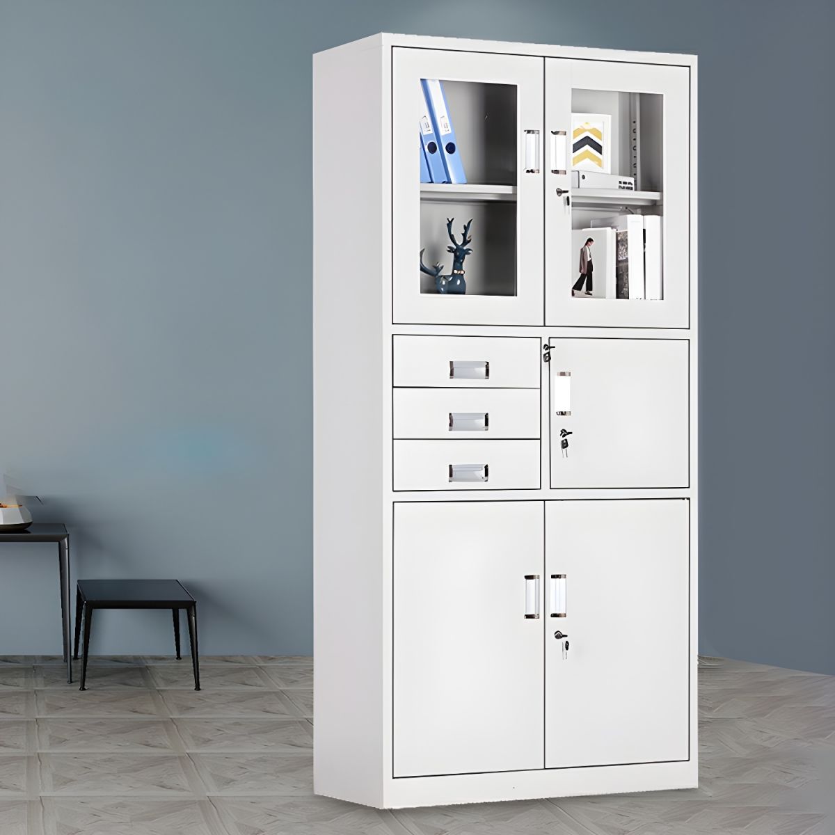 Office Filing Cabinet with Safe featuring spacious drawers and a built-in fire-resistant safe for secure and organized storage of documents and valuables.