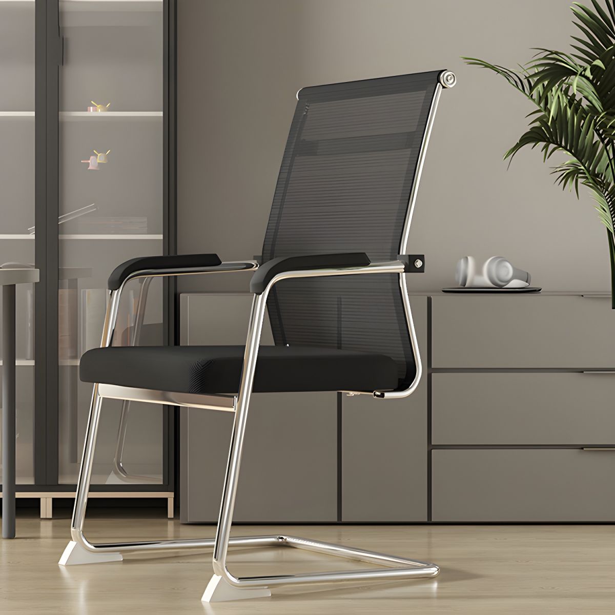 Ergonomic Mesh Back Conference Chair with adjustable lumbar support and sleek design in a modern office setting.