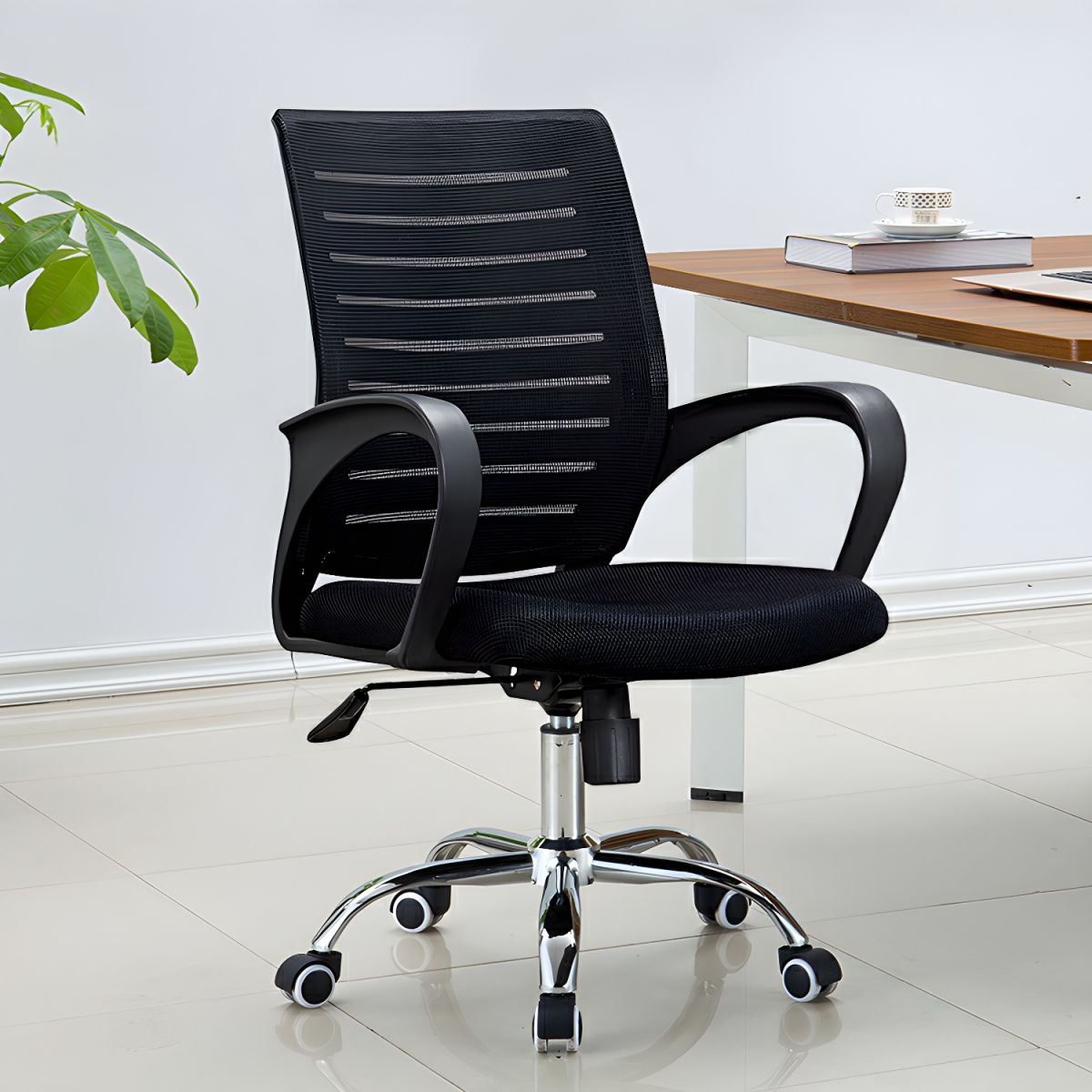 Black mid-back conference chair with ergonomic support and armrests, designed for comfort and style in office or meeting rooms.