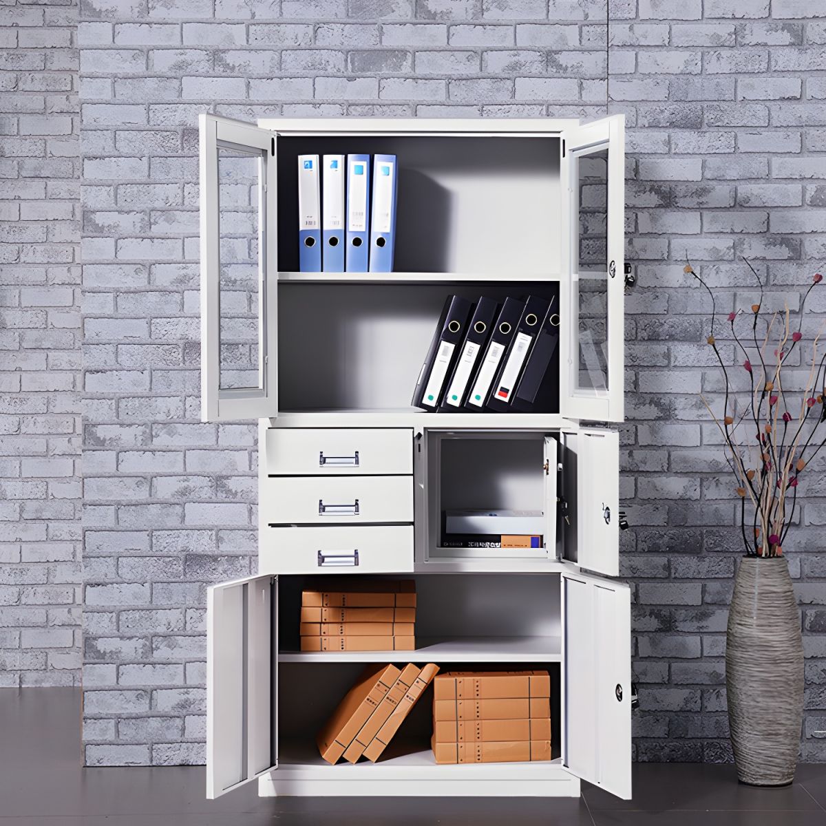 Waterproof Modern Steel Storage Cabinet with adjustable shelves and secure lock, designed for durable and moisture-resistant storage.