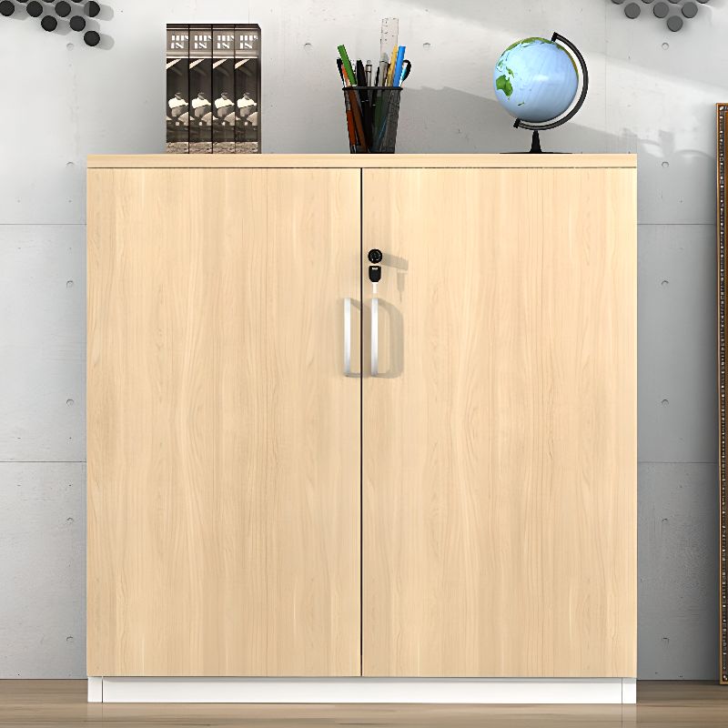 "2-door wooden storage cabinet with adjustable shelves and lockable doors, ideal for office and home organization."